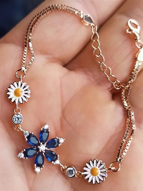 Rose Rengi Nergis Çiçeği Zirkon Taşlı Bayan Gümüş Bileklik