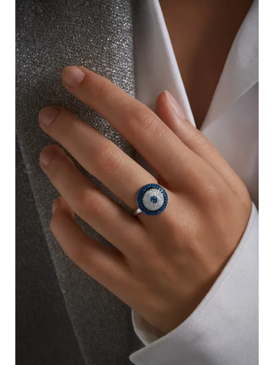 Kadın Gümüş Yüzük - Yuvarlak Nazar Boncuğu Model Gümüş Yüzük