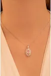 Kadın Gümüş Kolye - Damla Model Pembe Zirkon Taşlı Baget Süslemeli Rodyumlu Kadın Kolye
