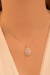 Kadın Gümüş Kolye - Damla Model Pembe Zirkon Taşlı Baget Süslemeli Rodyumlu Kadın Kolye