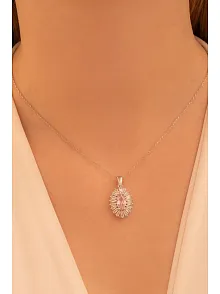 Kadın Gümüş Kolye - Damla Model Pembe Zirkon Taşlı Baget Süslemeli Rodyumlu Kadın Kolye