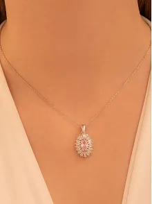 Kadın Gümüş Kolye - Damla Model Pembe Zirkon Taşlı Baget Süslemeli Rodyumlu Kadın Kolye