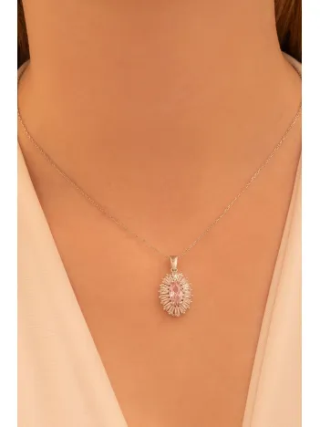 Kadın Gümüş Kolye - Damla Model Pembe Zirkon Taşlı Baget Süslemeli Rodyumlu Kadın Kolye