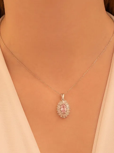 Kadın Gümüş Kolye - Damla Model Pembe Zirkon Taşlı Baget Süslemeli Rodyumlu Kadın Kolye