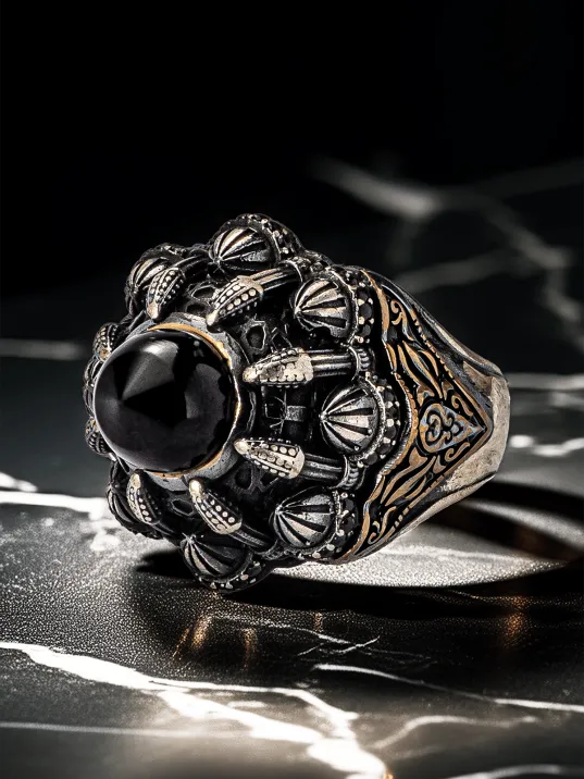 Erkek İslam Usta Tasarımı Siyah Kubbe Dini Temalı Gümüş Yüzük