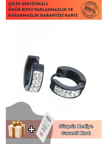 Bayan Çelik Küpe - Zirkon Taşlı Şık Siyah Kadın Küpe
