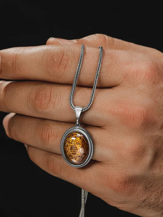 Erkek Gümüş Kolye - Turuncu Hz. Süleyman Mührü Erkek Gümüş Kolye