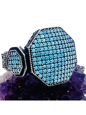 Erkek Gümüş Yüzük - Akron Turkuaz Zirkon Yanı Taşlı Özel Seri Erkek Gümüş Yüzük