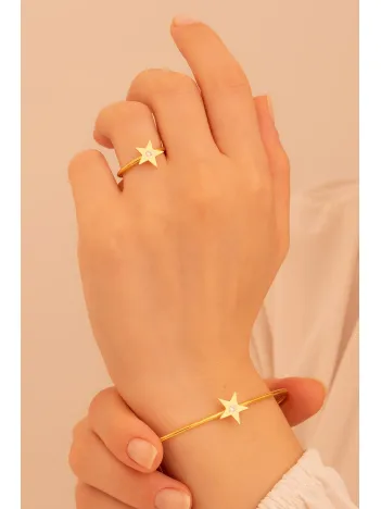 Kadın Gümüş Set - El İşçiliği Altın Kaplama Yıldız Motifli Zirkon Taşlı Kadın Set