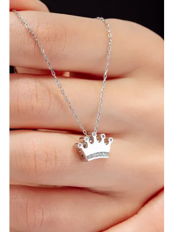 Kadın Gümüş Kolye - Swarovski Taşlı Zirconia İçi Taşlı Taç Motifli Kadın Kolye