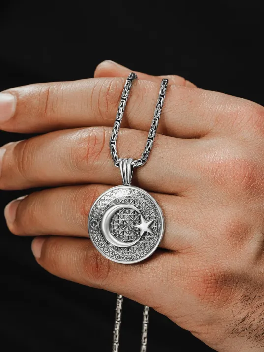 Erkek Gümüş Kolye - Hilal Ay Yıldız Kabartmalı Kral Zincirli Erkek Kolye