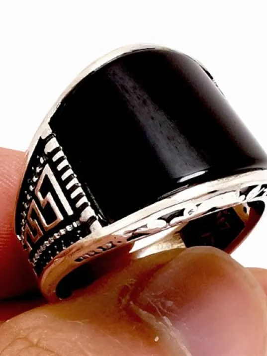 Grek Desenli Oniks Taşlı Erkek Gümüş Yüzük