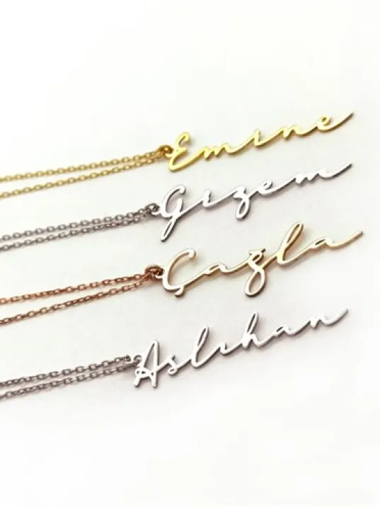 Kişiye Özel İmza İsim Yazılan Bayan Gümüş Kolye Zincir GKLGMS0ISIM