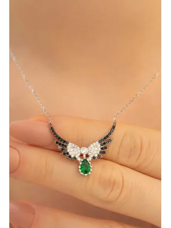 Kadın Gümüş Kolye - Zirkon Ve Zümrüt Taşlı Melek Kanadı Bayan Gümüş Kolye