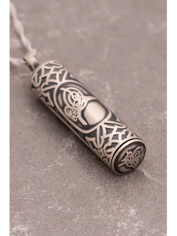 Kadın Muska Cevşen Haznesi - Tuğralı Silindir Yuvarlak Gümüş Muska Haznesi