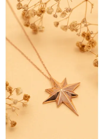 Kadın Gümüş Kolye - Rose Altın Kaplama Büyük Kutup Yıldızı Gümüş Kolye