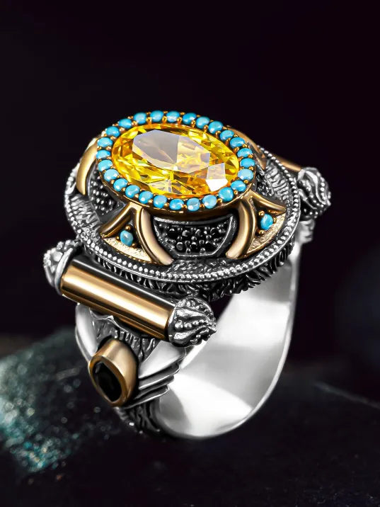 Erkek Gümüş Yüzük - Sarı Sitrin Taşlı 925 Ayar Gümüş Erkek Yüzük