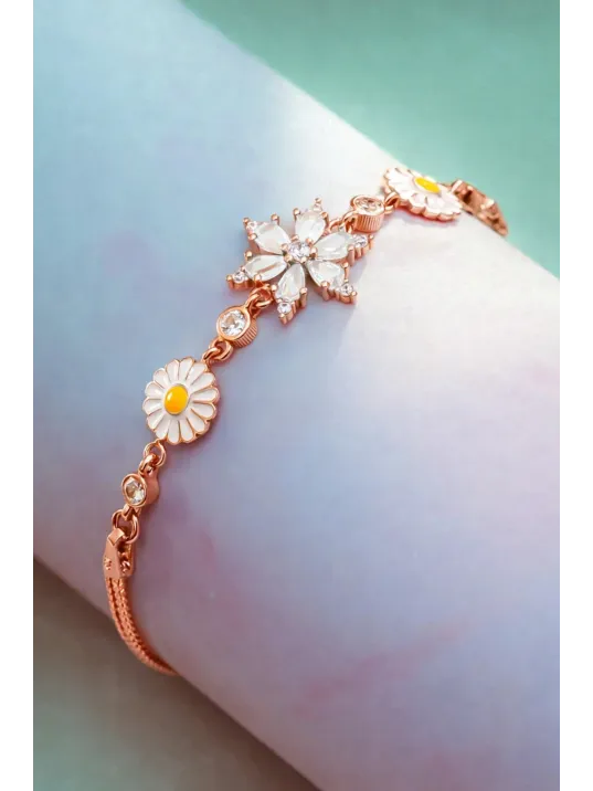 Rose Rengi Nergis Çiçeği Zirkon Taşlı Gümüş Bileklik