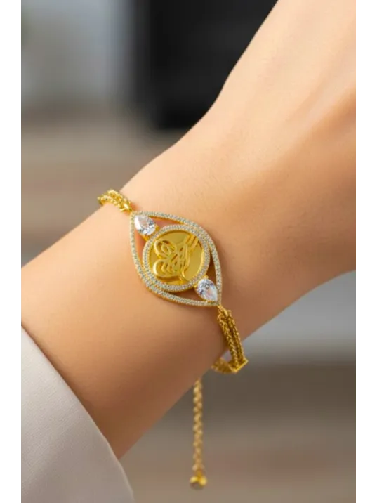 Kadın Gümüş Bileklik - Altın Kaplama Osmanlı Tuğrası Motifli Damla Model Zirkon Taşlı Bileklik