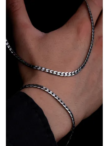 Erkek Gümüş Kolye Bileklik Set - 925 Ayar 4 mm Oksitli Ezme Gurmet Zincir Gümüş Kolye Bileklik Set