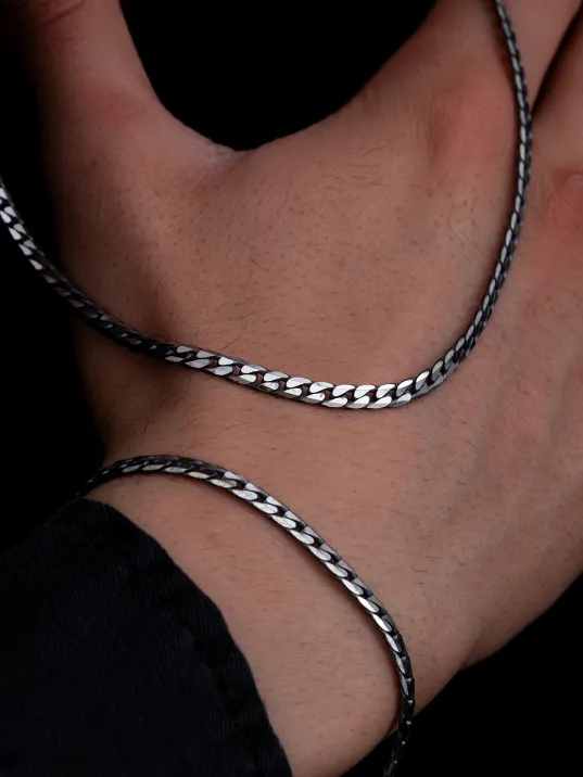 Erkek Gümüş Kolye Bileklik Set - 925 Ayar 4 mm Oksitli Ezme Gurmet Zincir Gümüş Kolye Bileklik Set Erkek Gümüş Kolye Bileklik Set - 925 Ayar 4 mm Oksitli Ezme Gurmet Zincir Gümüş Kolye Bileklik Set