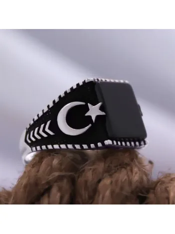 Siyah Oniks Kare Taşlı Ay Yıldız İşlemeli Özel Seri Erkek Gümüş Yüzük