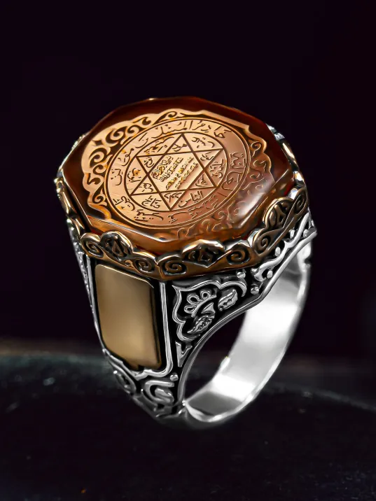 Erkek Gümüş Yüzük - İsim Yazılabilir Turuncu Hz. Süleyman Mührü İşlemeli Erkek Yüzük