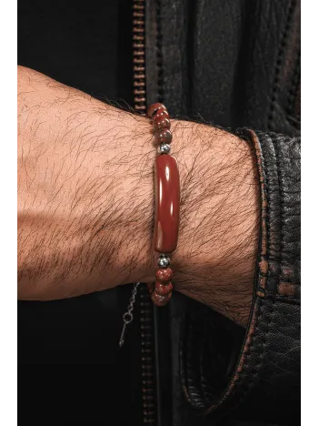 Erkek Kadın Doğal Taş Bileklik - Kırmızı Jasper Doğal taş Çelik Halat Ve Çelik Klipsli Bileklik