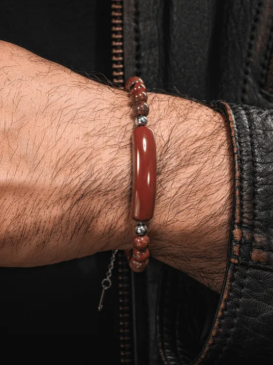 Erkek Kadın Doğal Taş Bileklik - Kırmızı Jasper Doğal taş Çelik Halat Ve Çelik Klipsli Bileklik