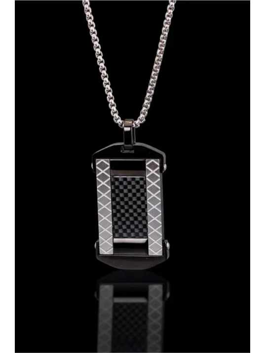 Erkek Karbon Fiber Görünümlü Polo Zincir Model Paslanmaz Çelik Plaka Kolye
