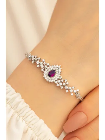 Kadın Gümüş Bileklik - 925 Ayar Gümüş Yakut Ve Zirkon Taşlı Çise Model Kadın Bileklik
