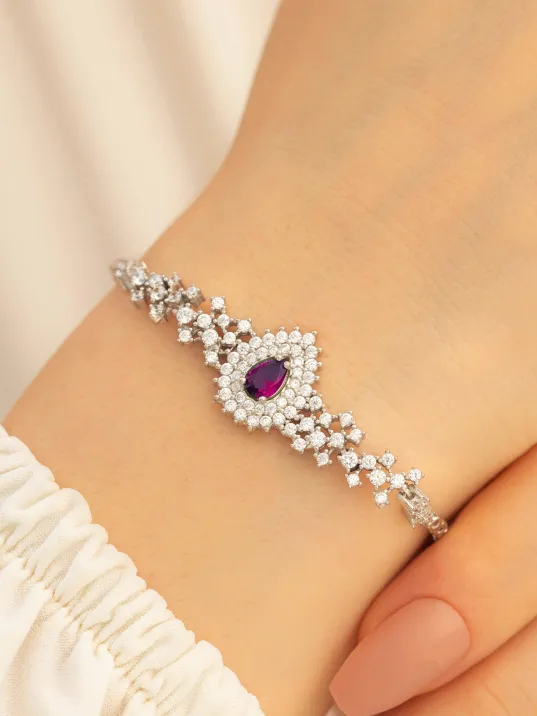 Kadın Gümüş Bileklik - 925 Ayar Gümüş Yakut Ve Zirkon Taşlı Çise Model Kadın Bileklik