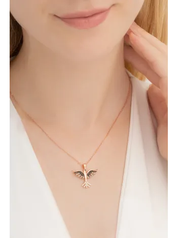 Zümrüdü Anka Kuşu Rose Renk Bayan Gümüş Kolye