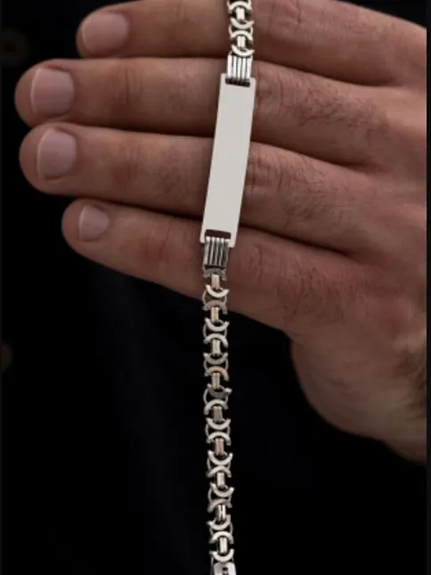 Erkek Gümüş Bileklik - 7 mm Isim Yazılan Gümüş Erkek Bileklik Künye Oksitli Euro Kral Model