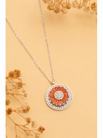 Kadın Gümüş Kolye - Turuncu Baget Taşlı Döner Başlı Gümüş Kolye