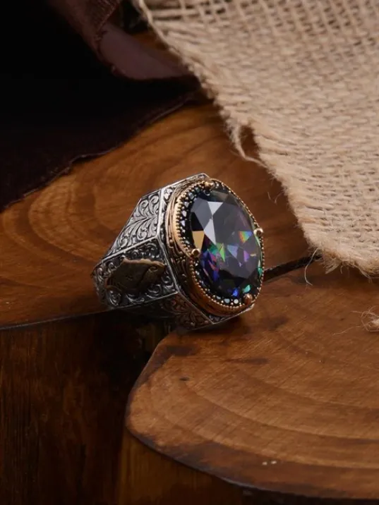 Mistik Topaz Taşlı Zirkon Bezeli Yanı Hiç Yazılı Erkek Gümüş Yüzük