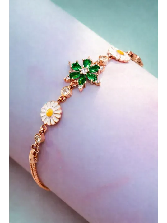 Rose Rengi Nergis Çiçeği Zirkon Taşlı Gümüş Bileklik