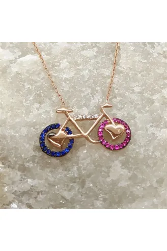 Zirkon Taşlı Rose Renk Bisiklet Bayan Gümüş Kolye