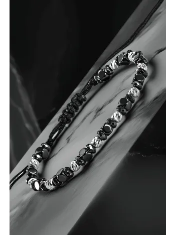 Siyah Hematit Taşlı Gümüş Detaylı Ayarlanabilir İp Bileklik - Model 3