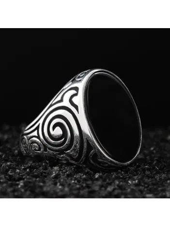 Siyah Oniks Taşlı Geometrik Desen Özel Seri Erkek Gümüş Yüzük