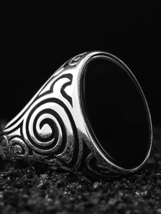 Siyah Oniks Taşlı Geometrik Desen Özel Seri Erkek Gümüş Yüzük