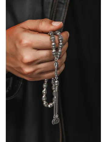 Erkek Tesbih - Vecize Oksitli 925 Ayar Gümüş Erkek Tespih Orta Boy 36gr