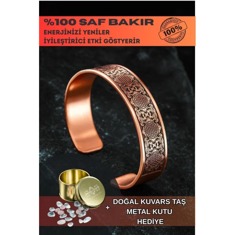 Erkek Bakır Bileklik - Lotus Çiçeği - Yaşam Çiçeği Erkek Kelepçe Bileklik Bilezik