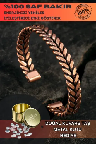 Copper Vena Model Bakır Kelepçe Bilezik Erkek Kadın Kuvars Taşı ve Metal Kutulu