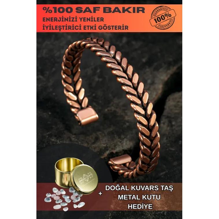 Copper Vena Model Bakır Kelepçe Bilezik Erkek Kadın Kuvars Taşı ve Metal Kutulu