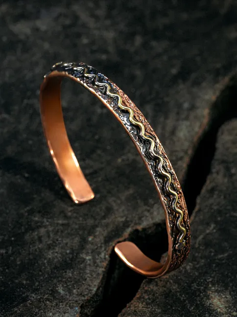 Copper Wave Bakır Kelepçe Bilezik Erkek Kadın Doğal Taşı ve Metal Kutulu