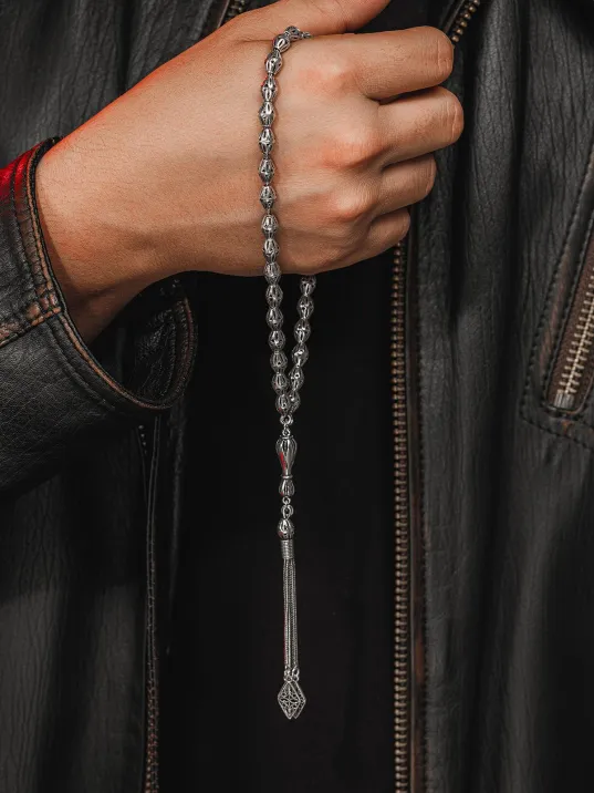 Erkek Tesbih - Güzide Oksitli 925 Ayar Gümüş Erkek Tespih Orta Boy 24gr