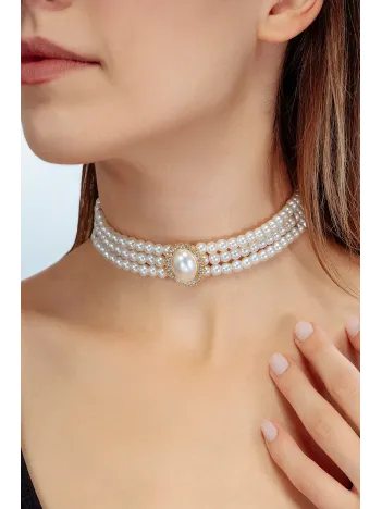 Gold Altın Kaplama Üç Sıralı Oval Taş Detaylı Kadın İnci Choker Kolye