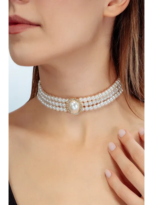 Gold Altın Kaplama Üç Sıralı Oval Taş Detaylı Kadın İnci Choker Kolye