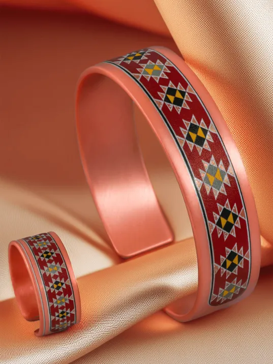 Kadın Bakır Bileklik Yüzük Set - Natasha Model Özel Baskı Metal Kutu Ve Kuvars Taşı